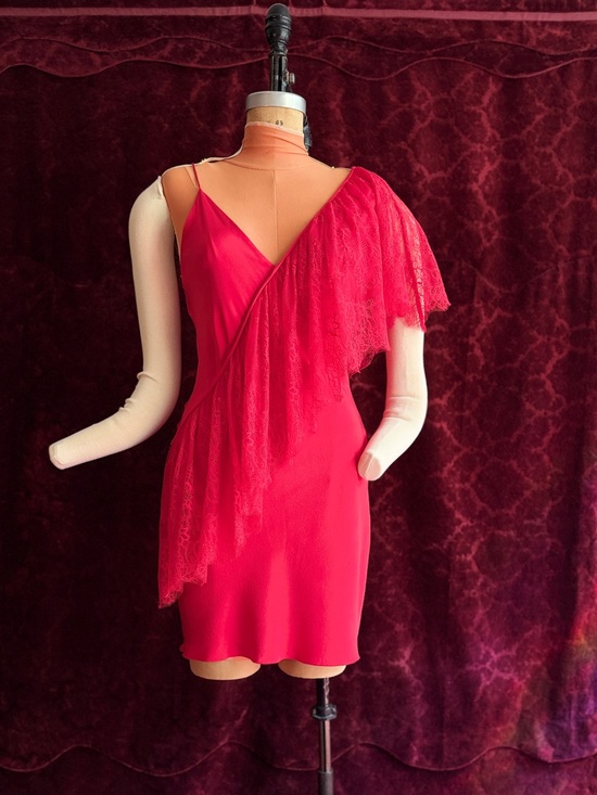 Diane Von Furstenberg Dresses & Skirts - Diane Von Furstenberg Red One-Shoulder Lace-Trim Silk Mini Dress